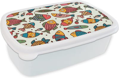 Broodtrommel Wit - Lunchbox - Brooddoos - Patroon - Zee - Vis - Zeedieren - 18x12x6 cm - Volwassenen
