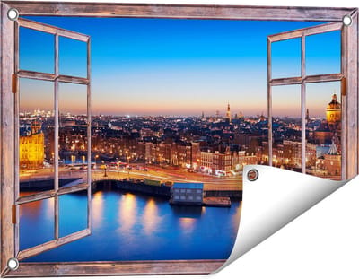 Gards Tuinposter Doorkijk Amsterdam Centrum in de Nacht - 60x40 cm - Tuindoek - Tuindecoratie - Wanddecoratie buiten - Tuinschilderij