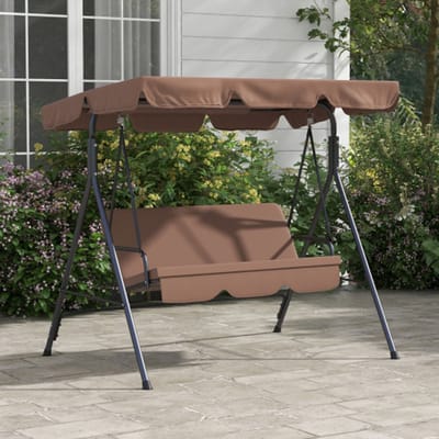 Tuinschommel voor buiten, 3-zits schommel met verstelbare luifel en stalen frame voor terras, 172x110x153 cm, bruin