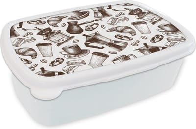 Broodtrommel Wit - Lunchbox - Brooddoos - Koffie - Croissant - Patroon - 18x12x6 cm - Volwassenen