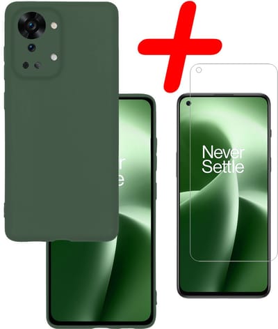 Hoesje Met Screenprotector - Geschikt voor OnePlus Nord 2T - Sterk & Shockproof - Back Cover - Siliconen Case - Telefoon Hoes - Donkergroen