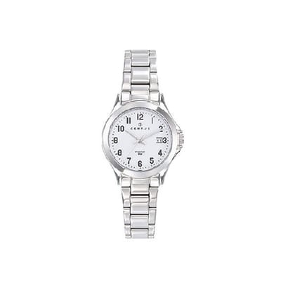 Certus-dameshorloge-model 641401 -zilverkleurig-datum-duidelijke wijzerplaat-diameter 28 mm-5 atm waterdicht-made in France