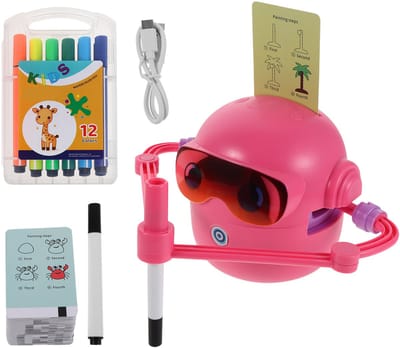 Interactieve Tekendobot voor Kinderen – Montessori Educatief Speelgoed – Slimme Robot met 14 Kleurpennen & 100 Kaarten – Leert Tekenen, Vormen & Cijfers – Roze