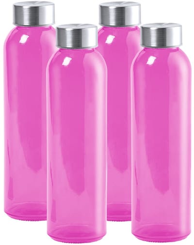 6x Stuks glazen waterfles/drinkfles fuchsia roze transparant met Rvs dop 550 ml - Sportfles - Bidon