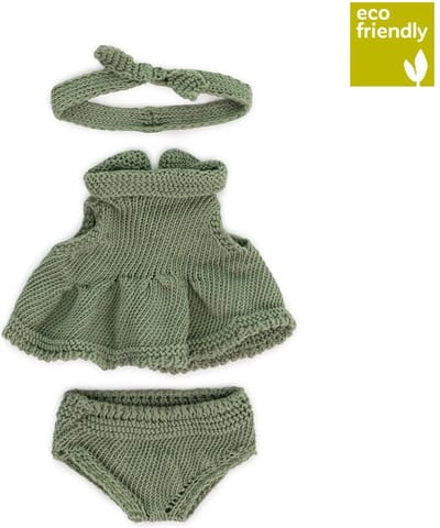 ML Poppen: KLEDIJ SET GEBREID groen voor meisje 21cm, eco en gerecycleerd,  3-delig, kleedje, broekje en haarlint, op kleerhanger, 3+
