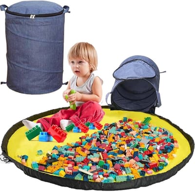 Opbergzak voor Speelgoed met Speelmat en Deksel - Opbergdoos voor Bouwstenen, Opbergmand voor Kinderspeelgoed, Ideaal voor Kinderkamer en Cadeau voor Kinderen (Blauw)