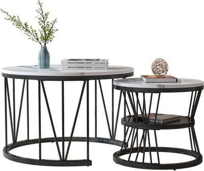 2-delige Ronde Salontafel Set – V-vormig Onderstel, Zwart Metaal & Wit Tafelblad