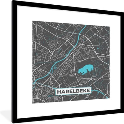 Fotolijst incl. Poster - Plattegrond – Harelbeke – Blauw – Stadskaart - Kaart - 40x40 cm - Posterlijst