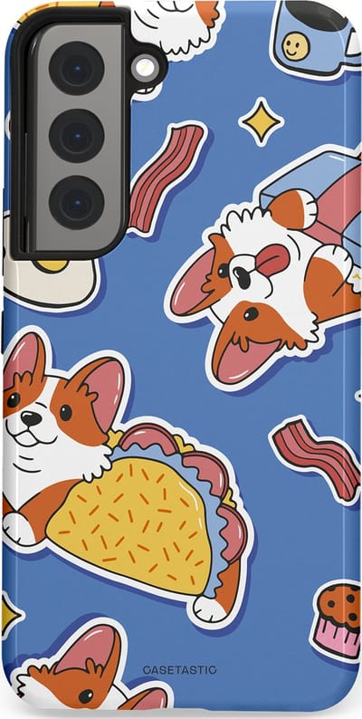Casetastic Hoesje Geschikt voor Samsung S22 - Stijlvolle Beschermende Duo-layer Case - Corgi en Snacks