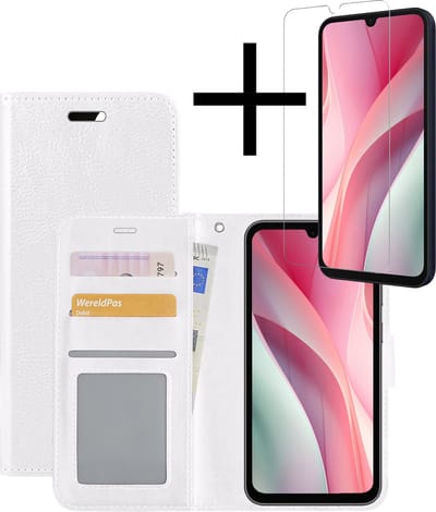 Hoesje - Met Screenprotector - Geschikt voor Samsung Galaxy A15 - Luxe Pasjeshouder - Bookcase Portemonee - Flip Case - Kunstleer Book Case - Flipcase - Book Cover - Walletcase - Portemonneehoes - Wit
