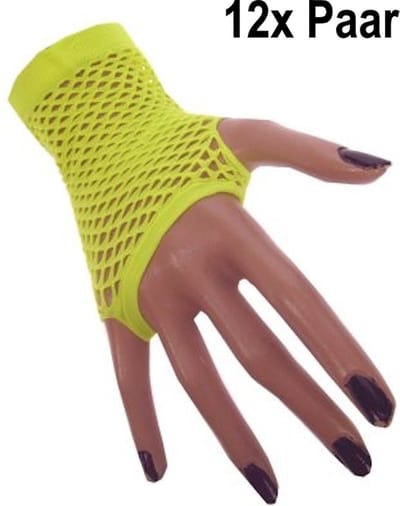 12x Paar Nethandschoen vingerloos kort fluor geel - Thema feest festival party fun themafeest