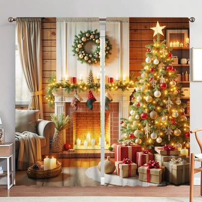 2-delige Set Kerstwonderland Gordijnen - Met een Rustieke Houten Buitenkant met Kerstboom, Cadeau, Open haard 52.5cmX116cm X 2pcs brown