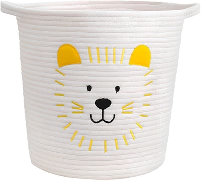 Opbergmand voor kinderen, 30 x 30 cm, katoenen touw, speelgoedmand, groot, witte wasmand voor baby met handgrepen, cartoondesign mand kinderkamer voor speelgoed, kleding en dekens