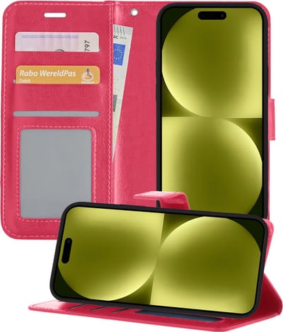 Hoesje - Met Pasjeshouder - Geschikt voor Apple iPhone 15 - Luxe Bookcase Portemonee - Flip Case - Kunstleer Book Case - Flipcase - Book Cover - Walletcase - Portemonneehoes - Telefoonhoesjes - Donkerroze