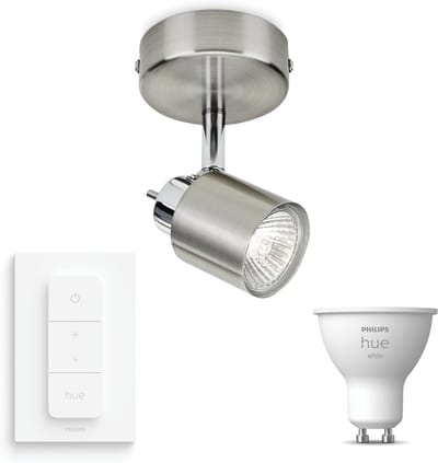 Philips Hue Meranti Opbouwspot (Mat Chroom) - Warmwit Licht - Incl. Hue Dimmer Switch - Wandspot of Plafondspot met 1 Lichtpunt - GU10 - Hue White