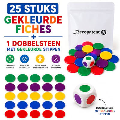 Decopatent - 25 STUKS Gekleurde Fiches 20 mm + 1x Dobbelsteen met Gekleurde Stippen - 5 Assorti Kleuren Fiches Ø2 Cm - Educatief Spel Assorti Kleuren
