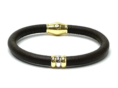 NIEUW! Jolla - dames armband zilver - leer - magneetsluiting - bedels - tweekleurig - Single Ladies Gold - Donker Bruin