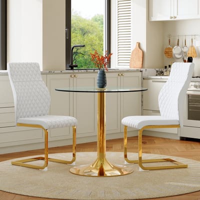 MODENUIT Ronde Eettafelset 85 cm - Glazen Tafel Met 2 Stoelen - Voor Eetkamer En Woonkamer - Glas Metaal - Wit Goud