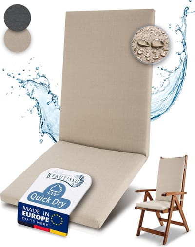 Beautissu QD-HL – Premium Tuinstoelkussens Hoge Rug 122x48 cm – 100% Waterdicht – Weerbestendig – Sneldrogend – UV-bestendig – Natuur