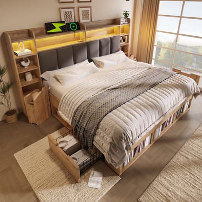 MODFU Tweepersoonsbed Met Opbergruimte En Verplaatsbare Nachtkastjes - Led-Verlichting En Oplaadpunten - Eikenkleur - 180 X 200 Cm