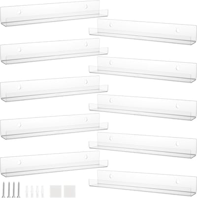 Set van 10 heldere acryl wandplanken, 12 x 1,7 x 1,7 inch - zwevende planken voor foto’s, tijdschriften en decoratie opslag