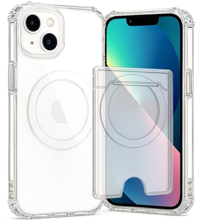 SnapSkin Hoesje & Pasjeshouder geschikt voor iPhone 13 / 14 - Geschikt voor MagSafe Case - Magnetische Kaarthouder - Transparant