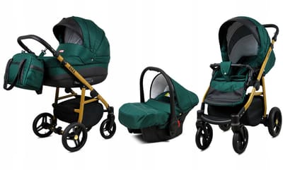 BabyLux® Kinderwagen 3in1 - AXEL - BOTTLE GREEN GOLD FRAME - Opklapbare Wandelwagen incl. Reiswieg, Multifunctionele Buggy Sportstoel, Autostoel - Combi-kinderwagen met Luiertas, Regenhoes, Klamboe, Bekerhouder, etc.