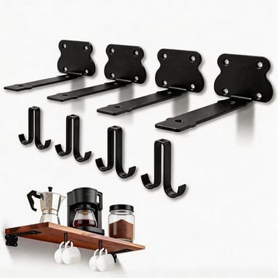 Set van 4 Zwarte Wandplank Houders met 4 Haken en Onzichtbare Hoekverbindingen voor Rustieke en Industriële Interieurs, 13 cm
