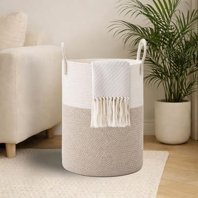 Ronde wasmand van 53 liter, gevlochten opbergmand met handvat voor kinderkamer, woonkamer en wasruimte, ideaal voor speelgoed en wasgoed