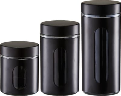 Voorraadpotten/blikken met venster - 3x - zwart - 600 tot 1200 ml - metaal