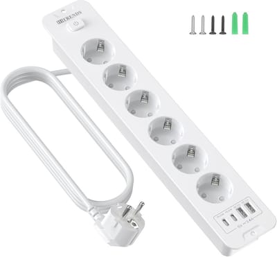 Inbouwstopcontact met USB en 2 m kabel - 6-voudig verzonken ontwerp voor werkblad en meubels