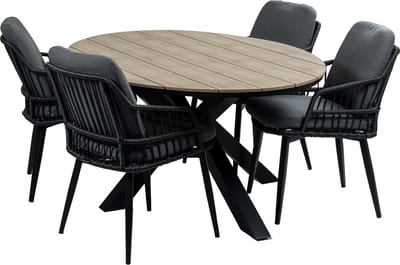 5-delige tuinset | 4 Isabel tuinstoelen (Black) | 180cm ovale Cyprus tuintafel (Wood)