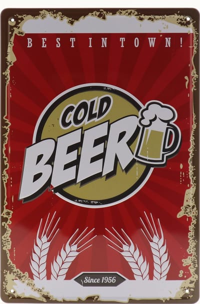Wandbord – Cold beer - Bier - Vintage - Retro - Wanddecoratie – Reclame bord – Restaurant – Kroeg - Bar – Cafe - Horeca – Metal Sign - 20x30cm