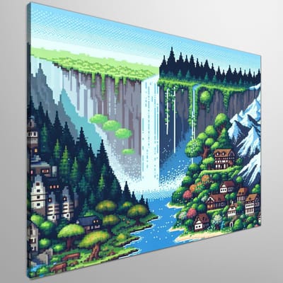 Pixel art landschap schilderij | Landschapsschilderij in digitale stijl: Een kunstige pixel verrassing | Kunst - 40x40 centimeter op Dibond | Foto op Dibond