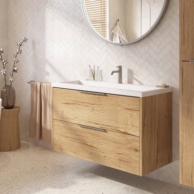 Saqu Lima ondiep badmeubel incl. glans witte wastafel 80x40x64cm eiken marcato – rvs greep