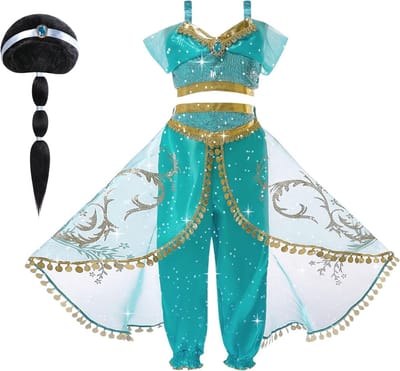 Jasmijn Prinsessen Kostuum voor Meisjes met Top, Broek, Peruca en Haarnet voor Cosplay, Carnaval en Verjaardagsfeestjes