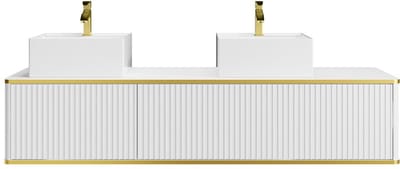 Vente-unique Zwevend badkamermeubel, geribbeld met gouden randjes 2 lades met dubbele vierkante opzetwastafel - Wit - 150 cm - KELIZA