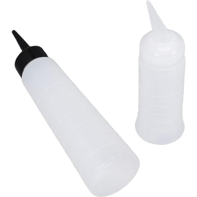 Flacons applicateurs pour cheveux : 260 ml (embout droit), 150 ml (embout biseauté), flacon souple, embout prédécoupé, échelle graduée (lot de 2).