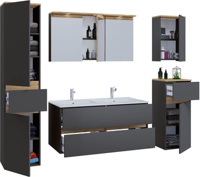 VCM 6-tlg. Doppelwaschtisch Cosila mit 1 Doppel Keramikbecken – Badschrank H. 51 x B. 111 x T. 51 cm mit 2 Softclose-Schubladen, Spiegelschrank mit Beleuchtung & Steckdose, Midi und Hängeschrank, Waschplatz Set Cosila-I