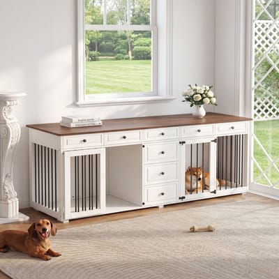 PHOEBE CAT Hondenbench - TV kast - 8 lades - Met slot - Geschikt voor 2 kleine/middelgrote honden - 200 x 60 x 85 cm - Walnoothout + Wit