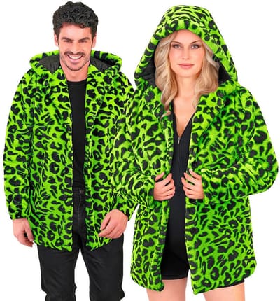 Bontjas met Kap Pluche Luipaard Neon Groen - Maat L-XL