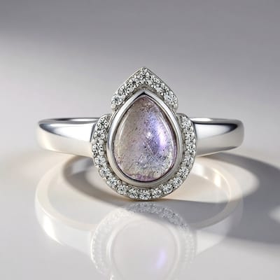 Cavill - Elegante Peervormige Ring - 925 Sterling Zilver Geplatineerd - Roze Labradoriet 1 17 ct + Cambodjaanse Zirkonia 0 16 ct