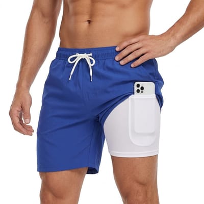 Blauw wit zwembroek heren met binnenbroek en telefoonvak, elastische tailleband met wit trekkoord, korte zwemshort sportief ontwerp effen kleur maat M