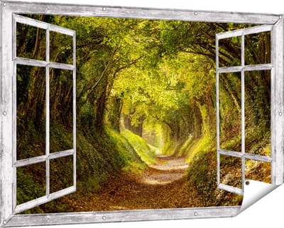 Gards Tuinposter Doorkijk Pad in het Bos met veel Bladeren - 150x100 cm - Tuindoek - Tuindecoratie - Wanddecoratie buiten - Tuinschilderij