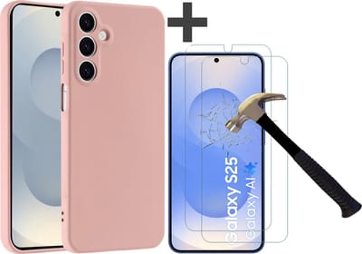 Hoesje geschikt voor Samsung Galaxy S25 hoesje zacht siliconen met 2 Stuks gehard glas Screenprotectors- Arara backcover - Zand