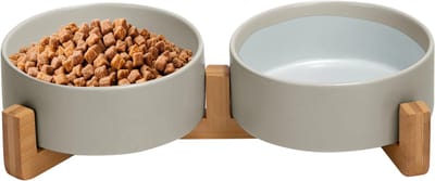 Jake and Jacky Voerbak Kat en Hond Keramiek - Kattenvoerbakjes - Hondenvoerbak - Etensbakjes voor kat - Voerbakken Dubbel met Standaard - Drinkbak en Eetbak - 2x 400 mL - Grijs