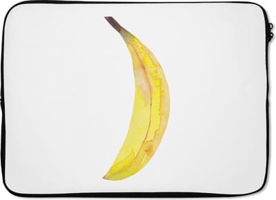 Laptophoes 14 inch - Banaan - Aquarel - Wit - Laptop sleeve - Binnenmaat 33x23 cm - Zwarte achterkant