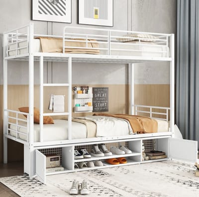 MEUNIQ stapelbed 90x200 cm met metalen frame, zijladder, veiligheidshek, open schoenenrek en 2 kastjes, eenpersoons bed voor kinderkamer of slaapkamer, wit