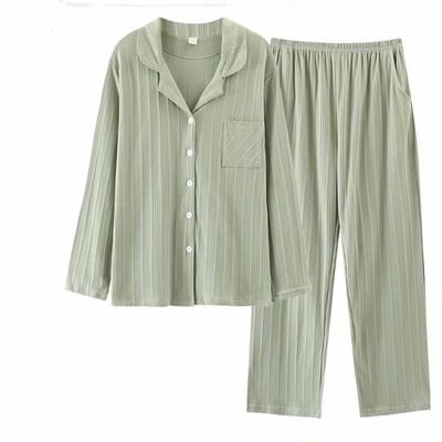 Katoenen pyjama met lange mouwen voor dames, herfst en winter, V-hals. Studenten kunnen in de lente en herfst buitenkleding dragen. M groen
