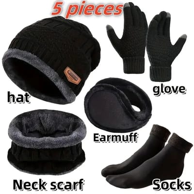Winter Warmte Set 5-delig – Muts, Handschoenen, Oorwarmers, Nekwarmer & Thermo Sokken – Unisex – Koud Weer Accessoires-Zwart